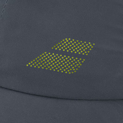 Dark gray cap with a green printed logo on a dark gray background
