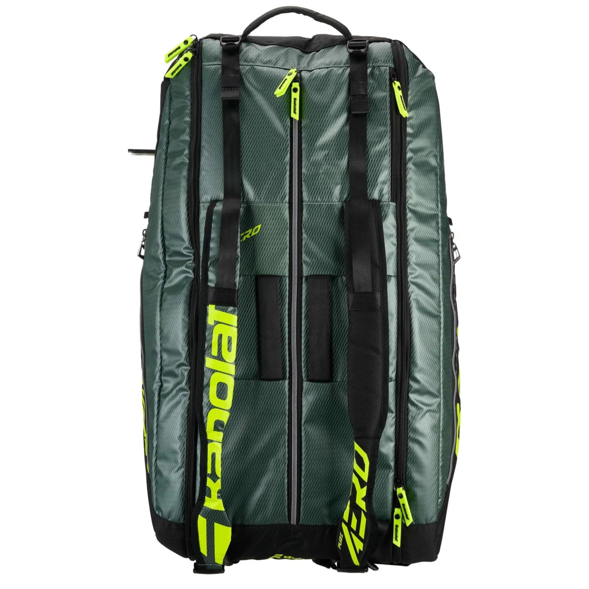 Green and black tennis bag with brand logo on a white background