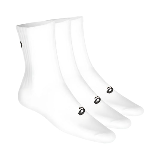 Three pairs of white Asics socks with black logo on a white background