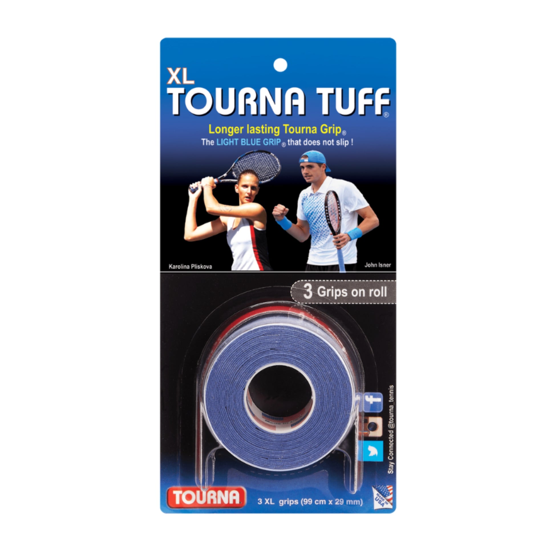 Packaging of Tourna Tuff tennis grip with a blue roll and images of people using tennis rackets.