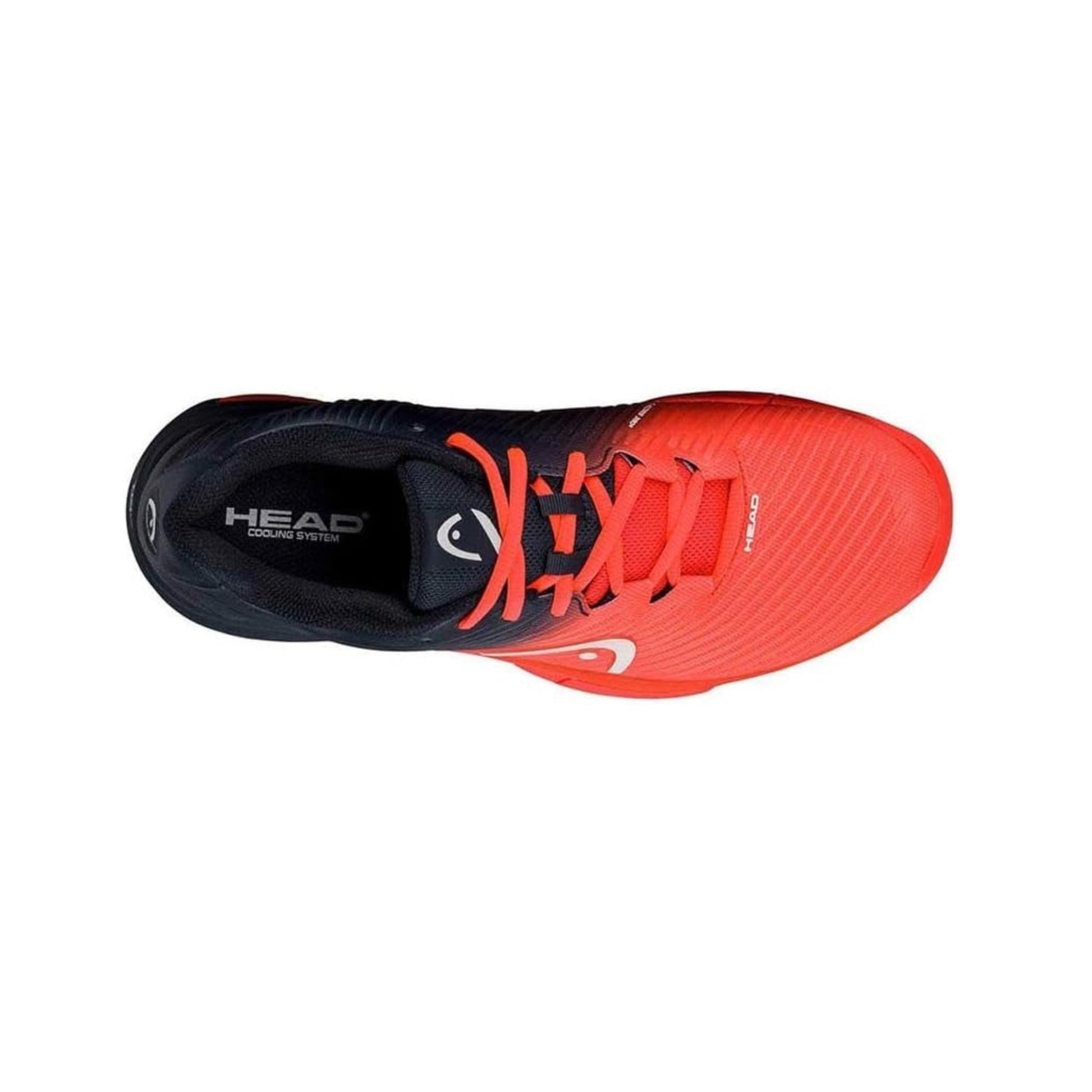Black and red tennis shoe with 'HEAD' branding on a white background