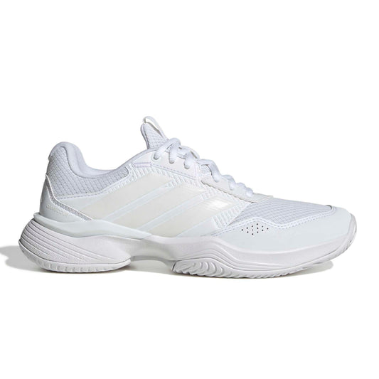 A white Adidas tennis shoe shown from the side profile against a clean white background.