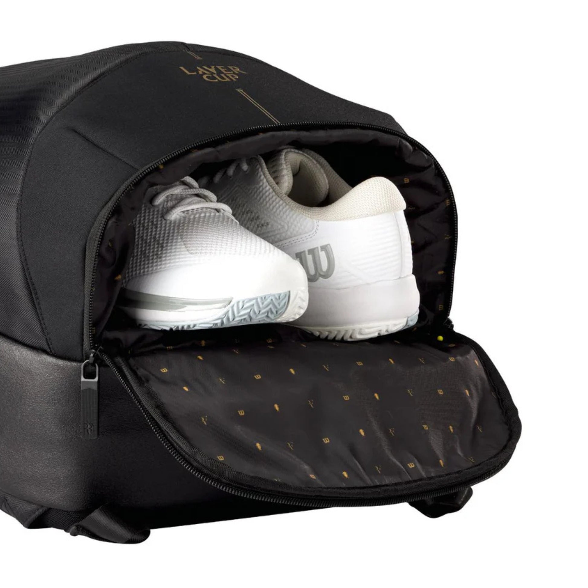 Black backpack with white tennis shoes inside, featuring a brand logo on the top.