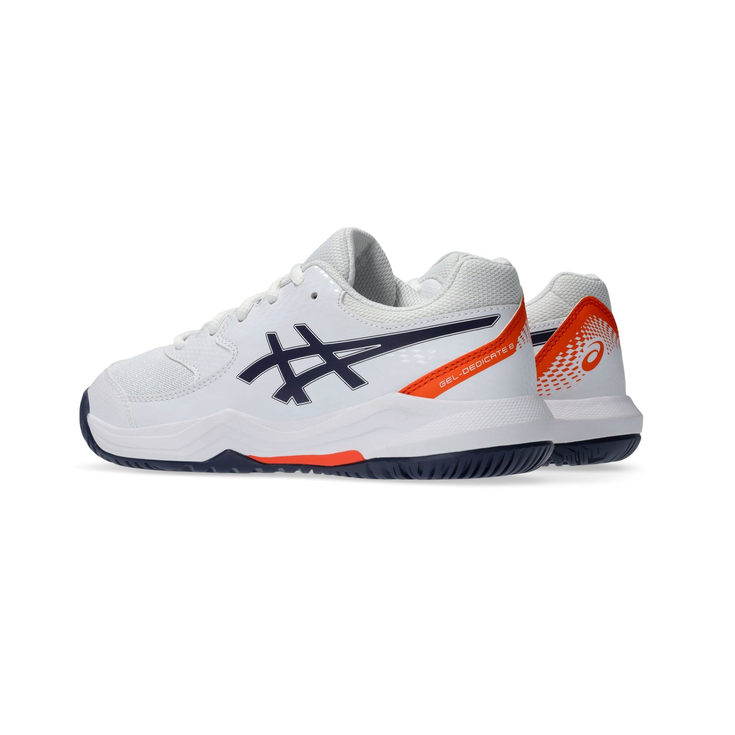 White Asics tennis shoes with black and orange accents on a white background
