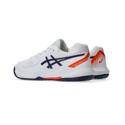 White Asics tennis shoes with black and orange accents on a white background