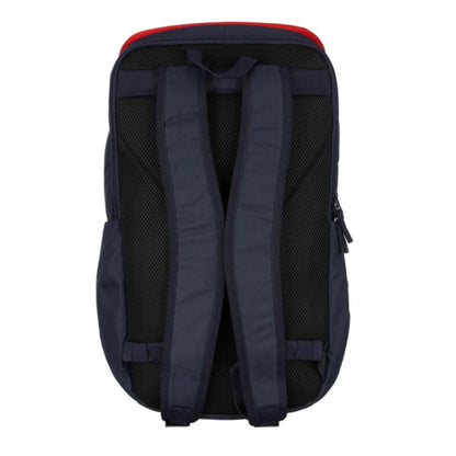 Yonex backpack with red top section and back view on a white background