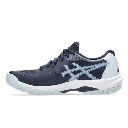 Navy and white Asics tennis shoe on a white background