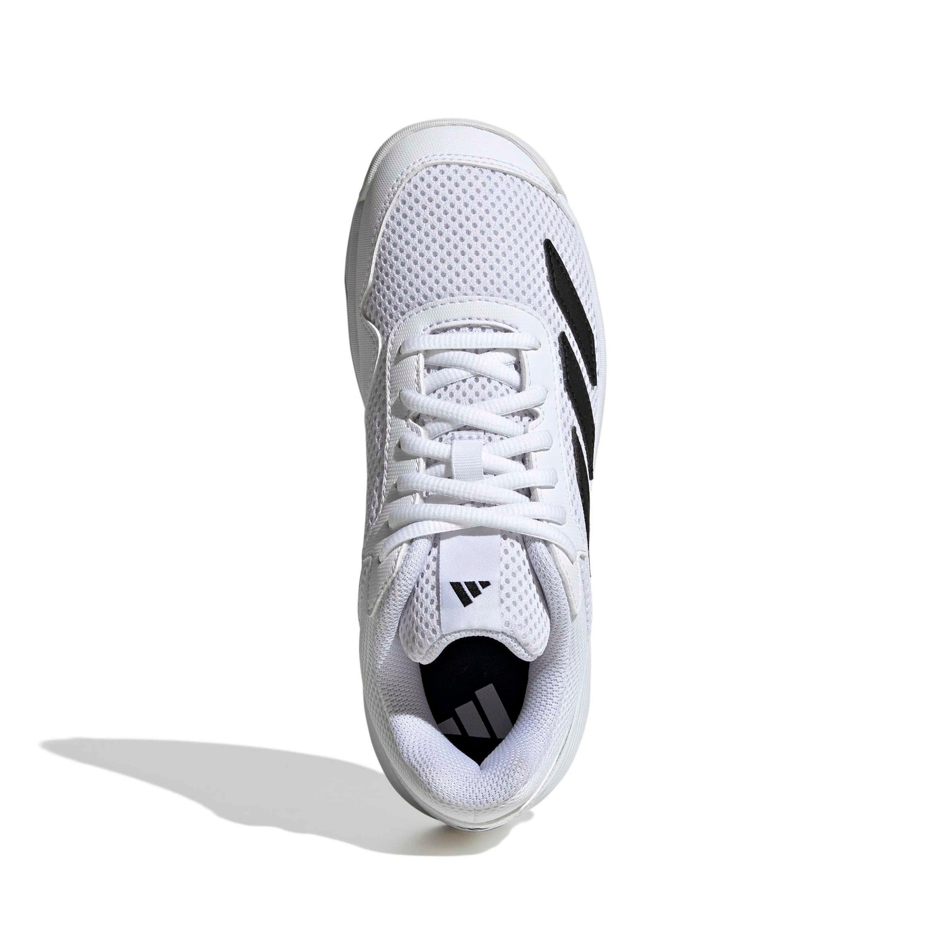 A white Adidas tennis shoe shown from a top-down angle on a white background with a soft shadow.