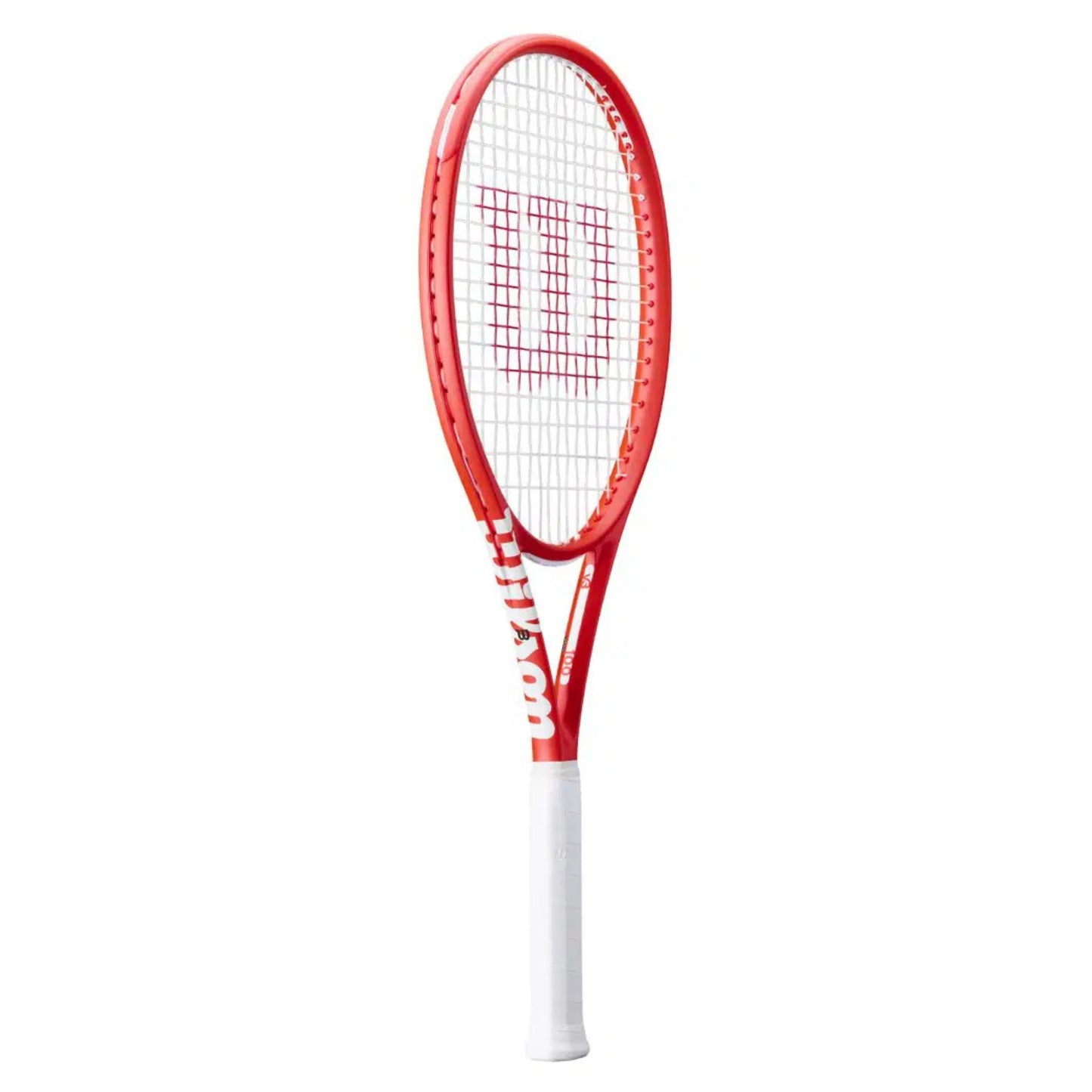 Red and white tennis racket on a white background