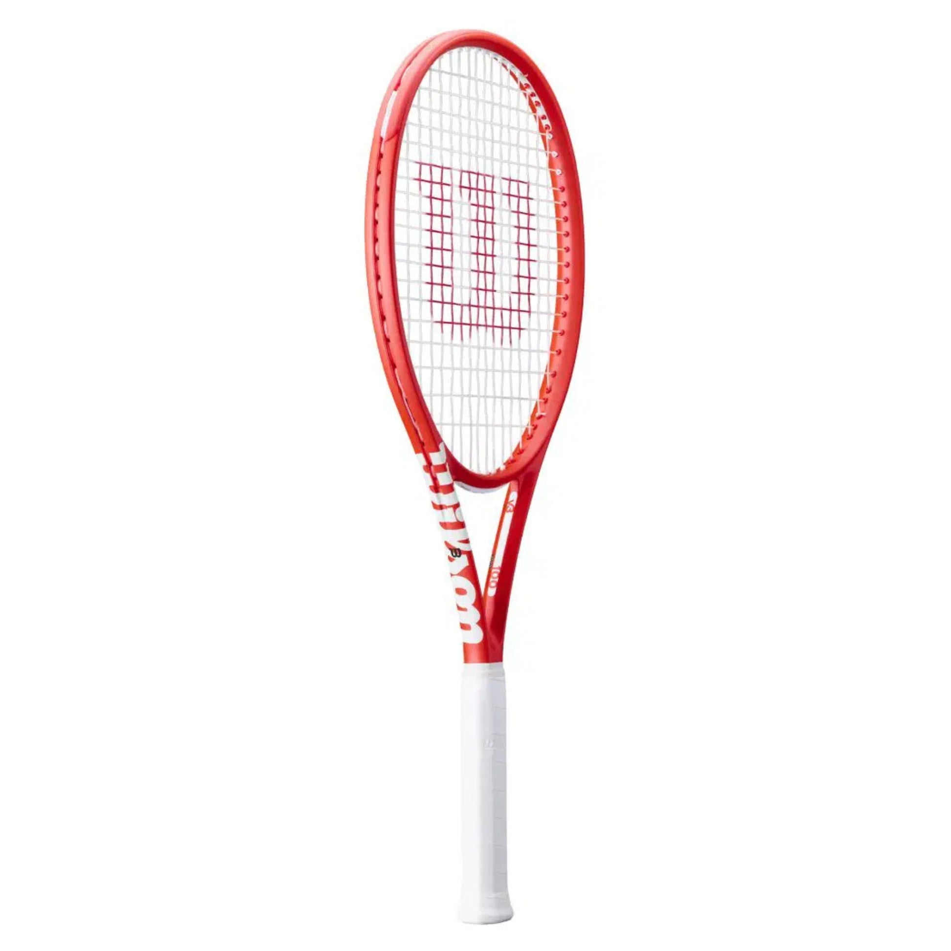 Red and white tennis racket on a white background