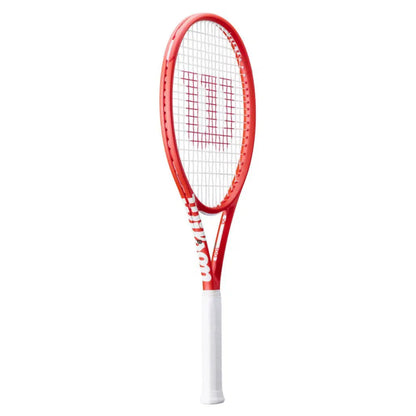 Red and white tennis racket on a white background