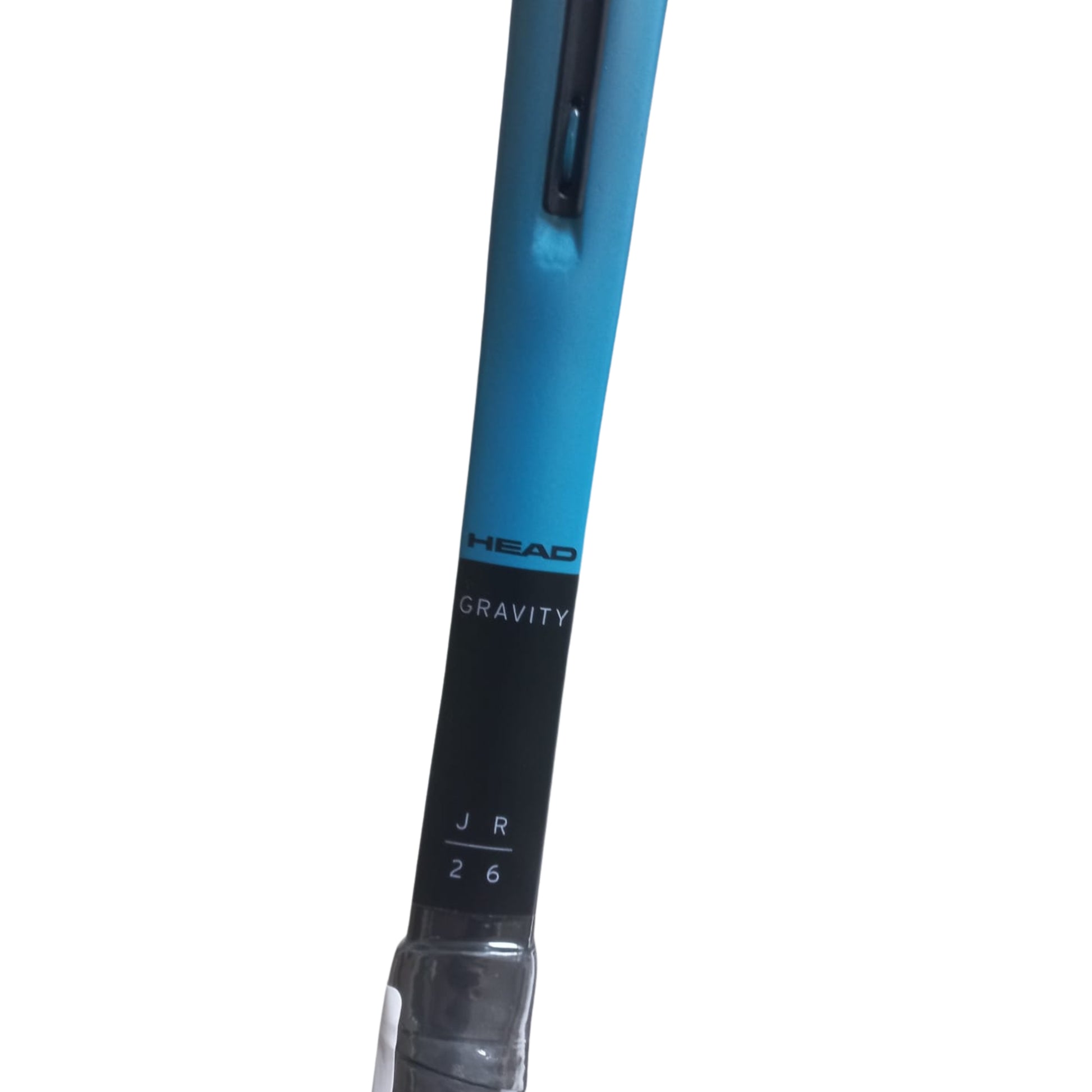 Close-up of a blue and black tennis racket shaft with 'HEAD' branding on a white background.