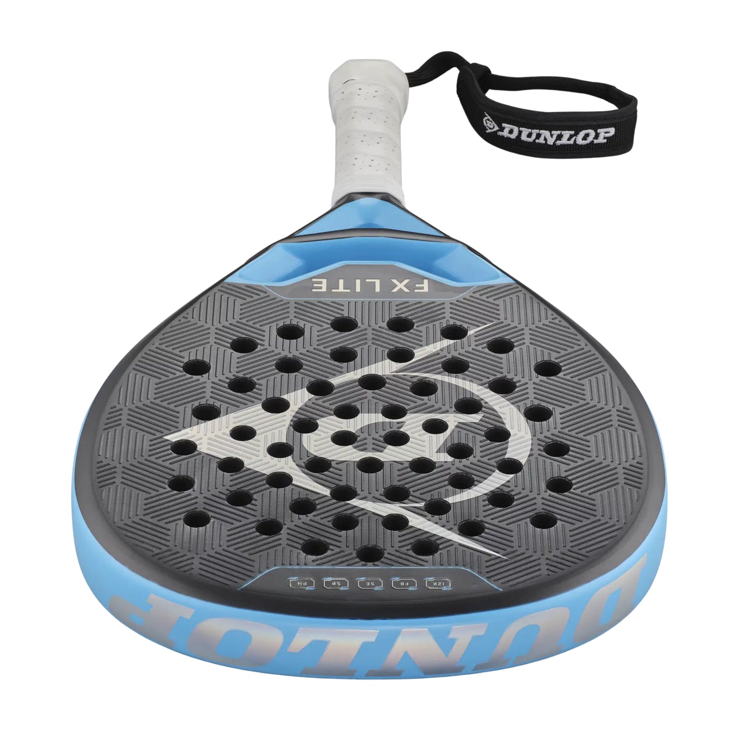 Blue and black Dunlop FX Lite padel racket on a white background