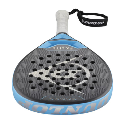 Blue and black Dunlop FX Lite padel racket on a white background
