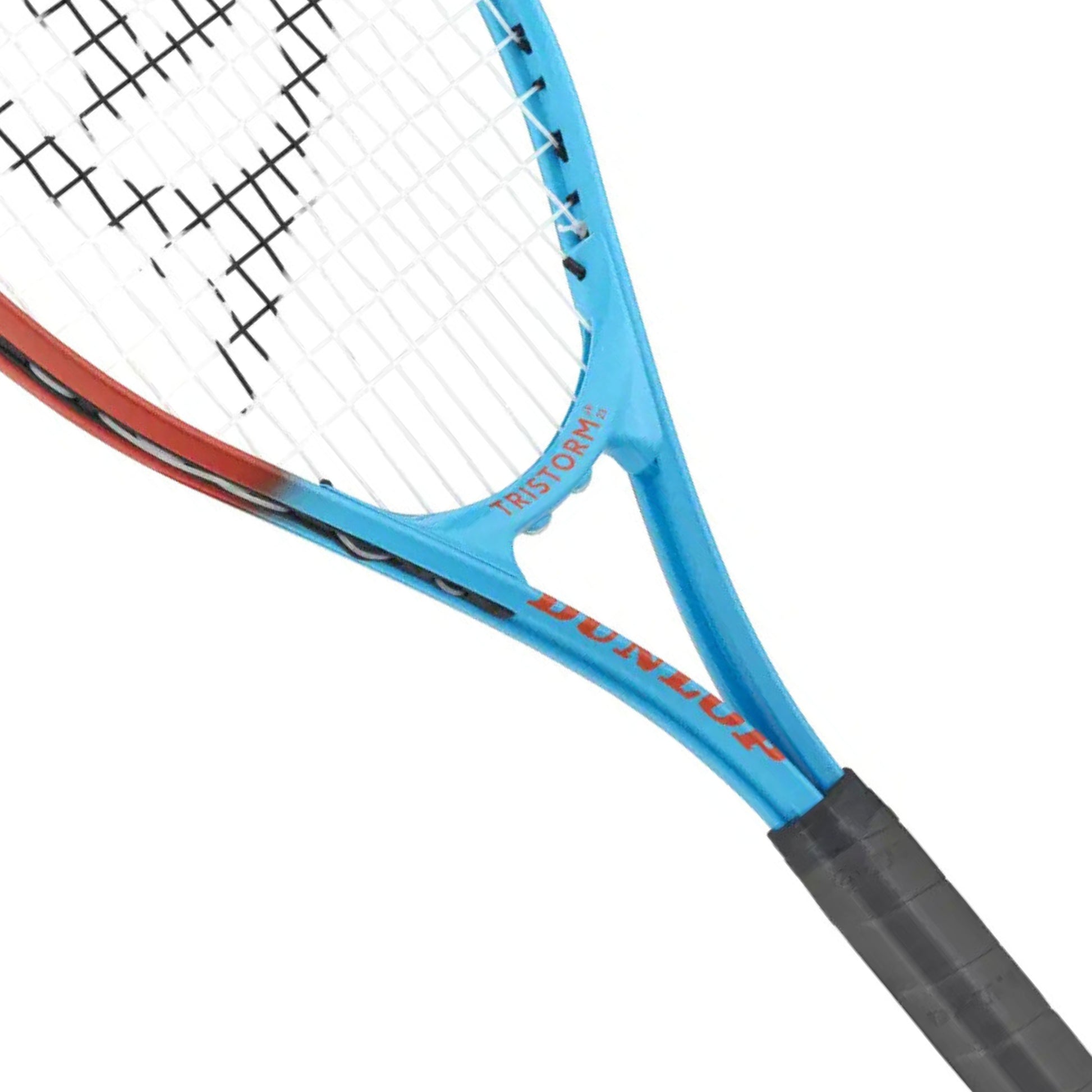 Close-up of the Dunlop blue tennis racket with red accents on a white background