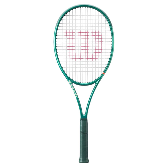 Green Wilson tennis racket with a white strings pattern on a white background