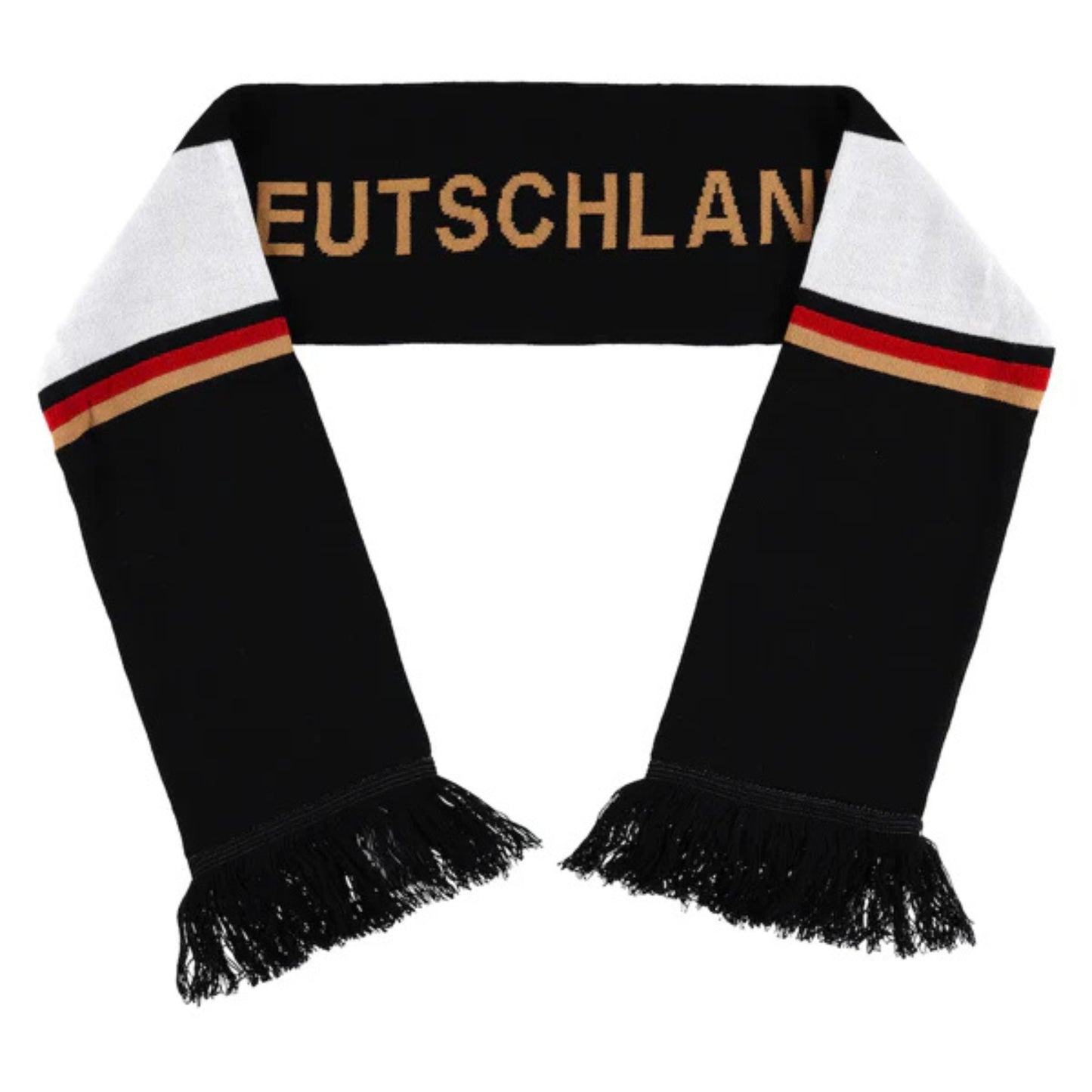 Black scarf with 'DEUTSCHLAND' text and colorful stripes on a white background