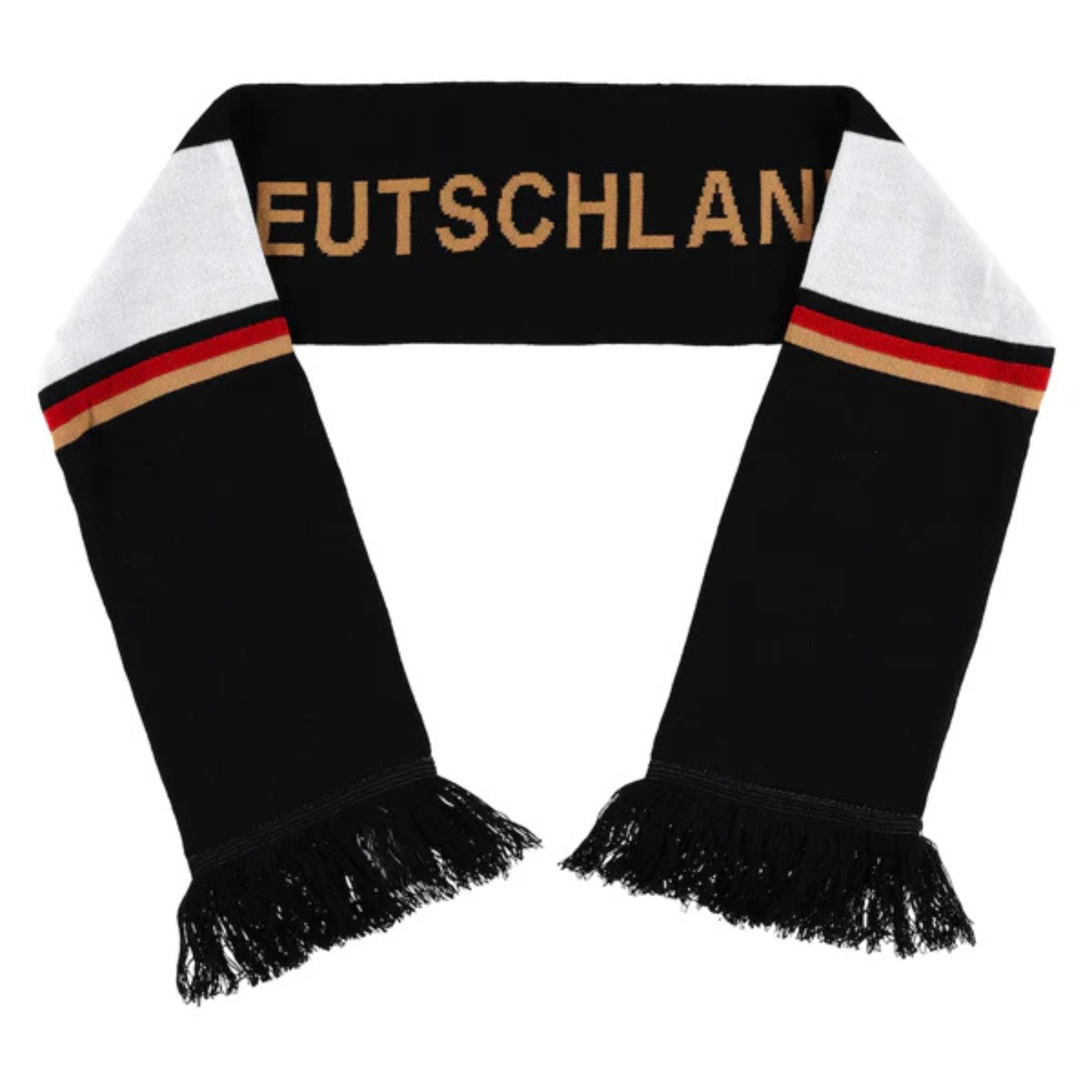 Black scarf with 'DEUTSCHLAND' text and colorful stripes on a white background