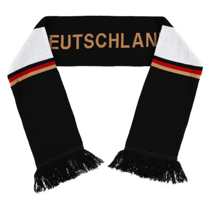 Black scarf with 'DEUTSCHLAND' text and colorful stripes on a white background