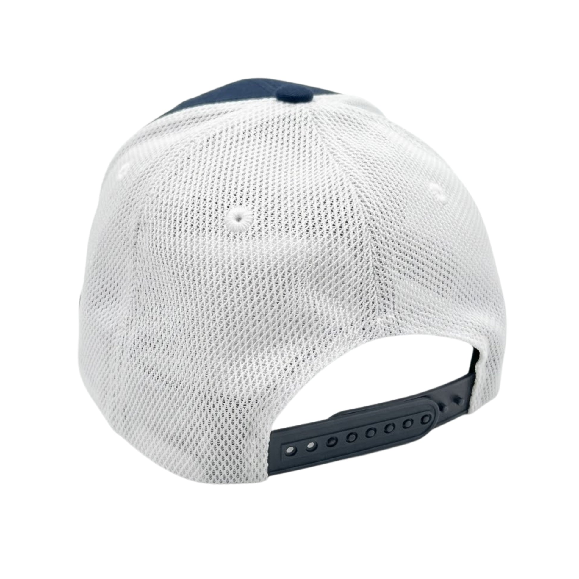 Back view of a  white mesh cap with blue strap on a white background