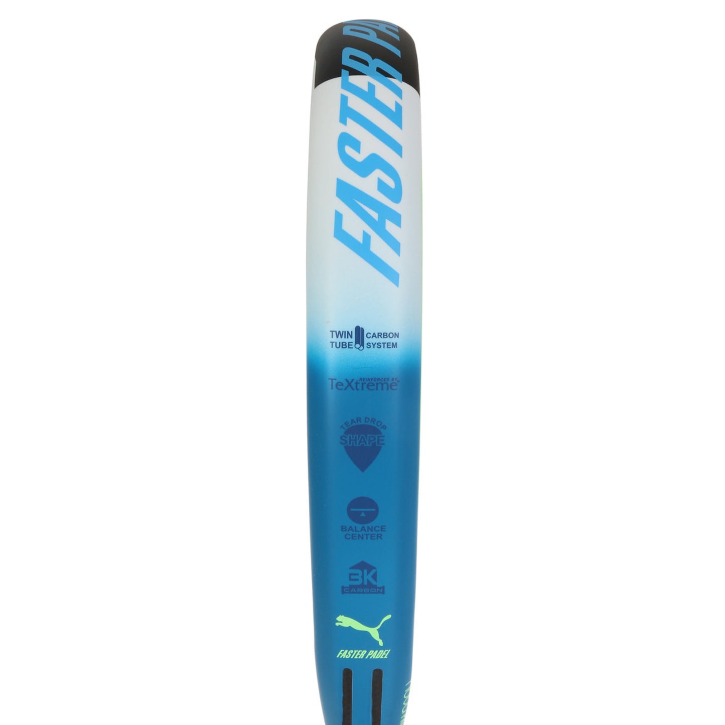 Blue and white padel racket with branding on a white background