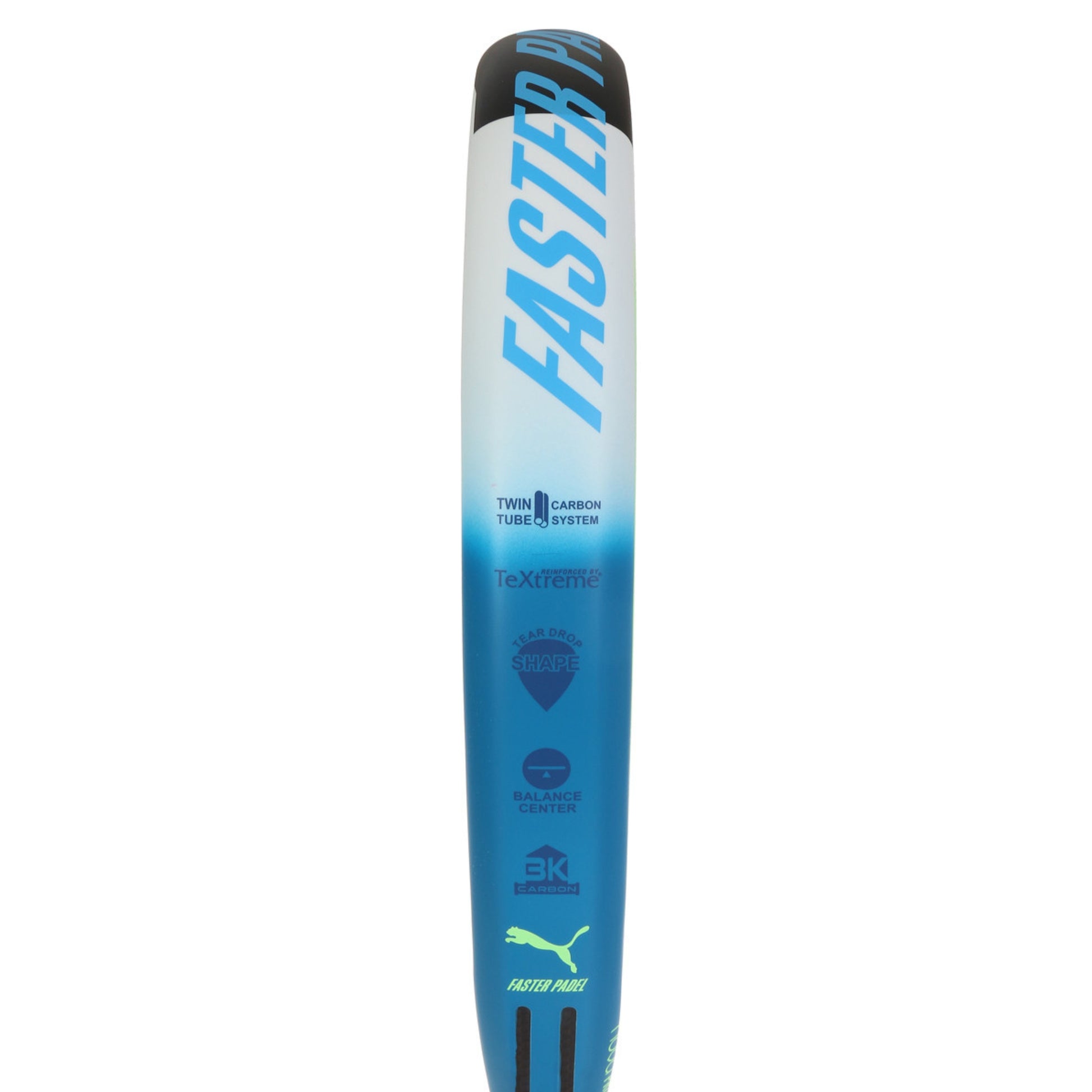 Blue and white padel racket with branding on a white background