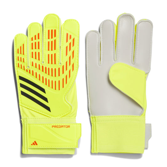Pair of yellow goalkeeper gloves with black Adidas logo on a white background