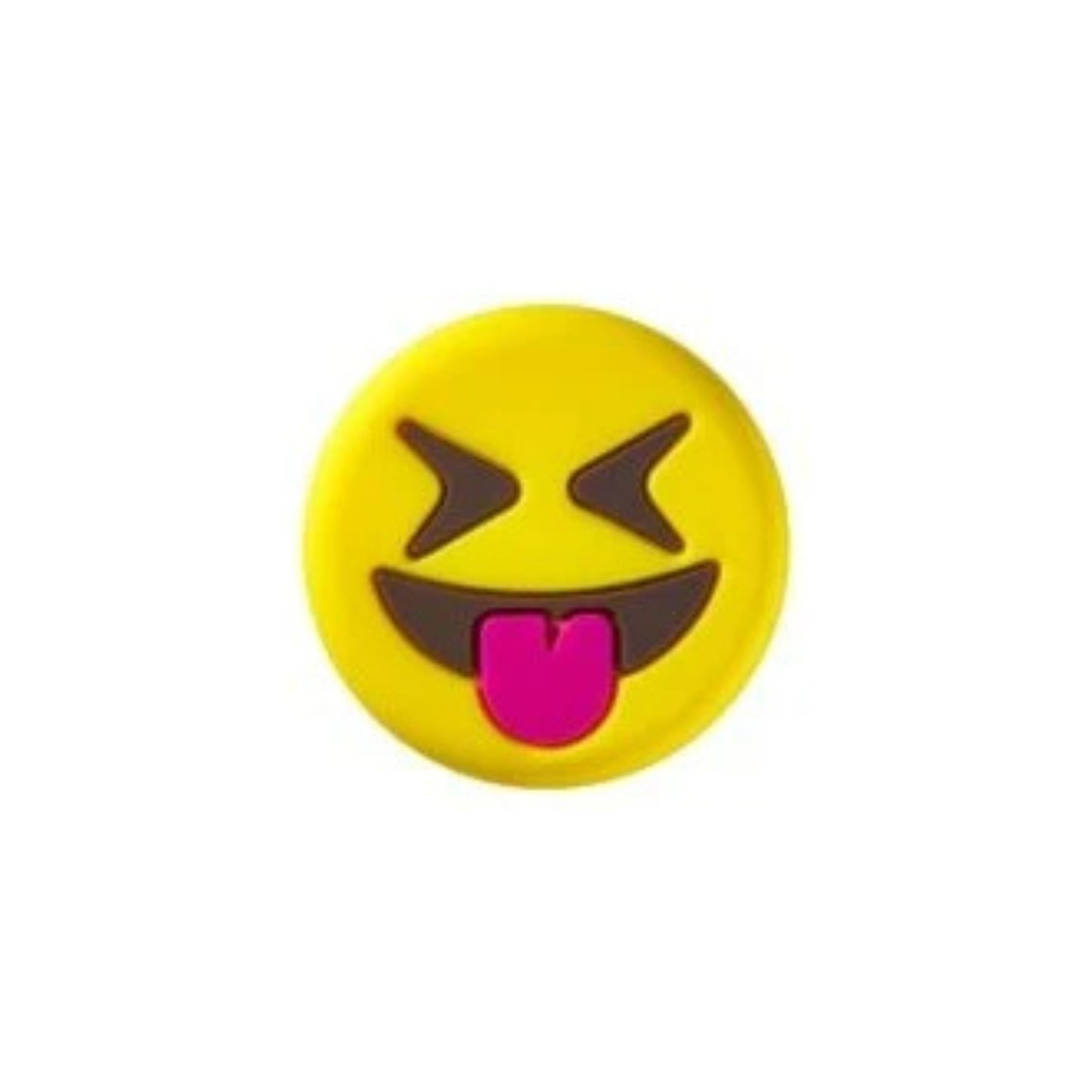 Yellow emoji dampener with a face sticking out its tongue on a white background