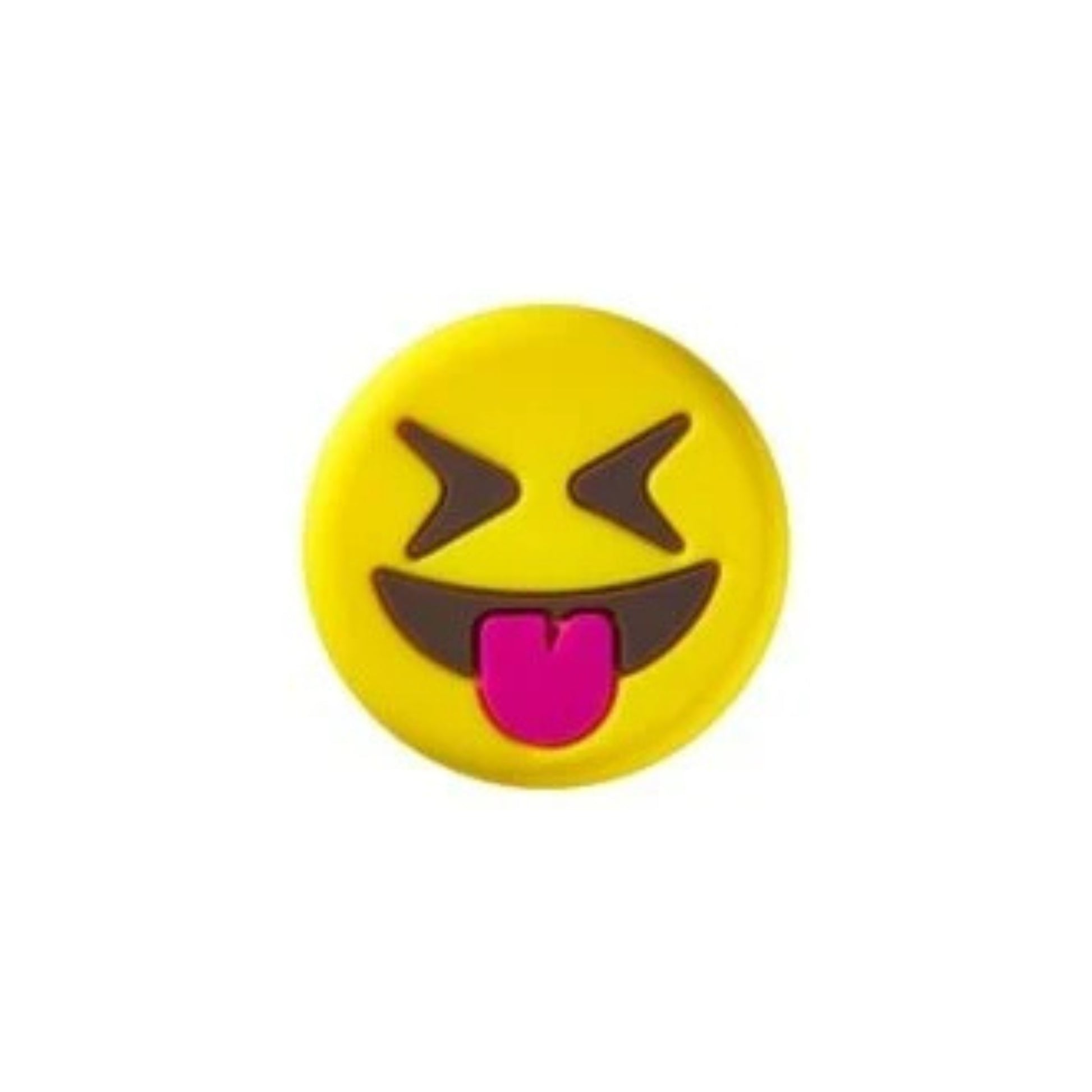 Yellow emoji dampener with a face sticking out its tongue on a white background