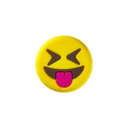 Yellow emoji dampener with a face sticking out its tongue on a white background