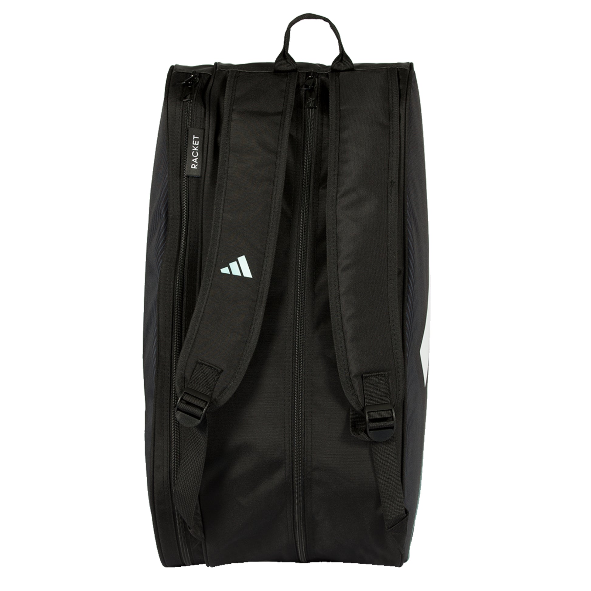 Black Adidas racket bag with white stripes on a white background