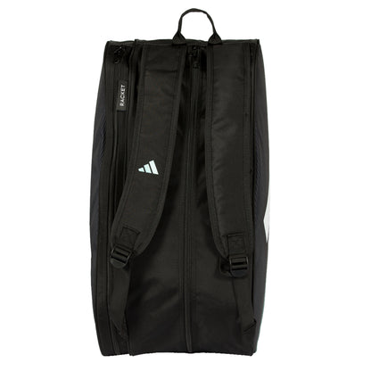 Black Adidas racket bag with white stripes on a white background