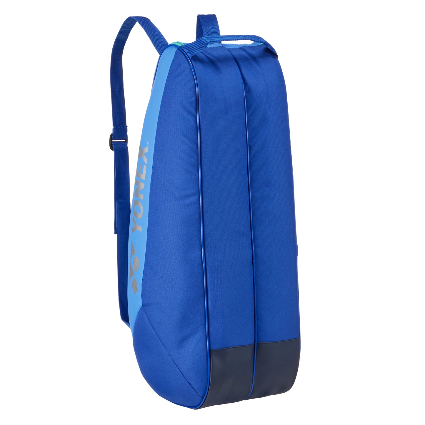 Blue tennis bag with a visible brand logo on a white background