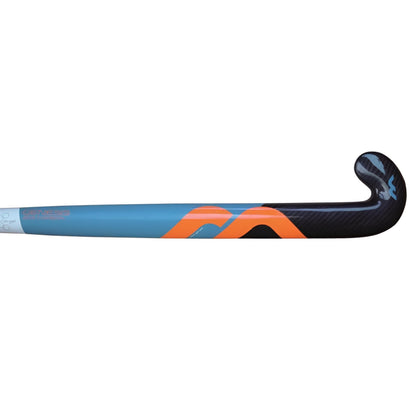 Hockey stick with blue and black design on a white background