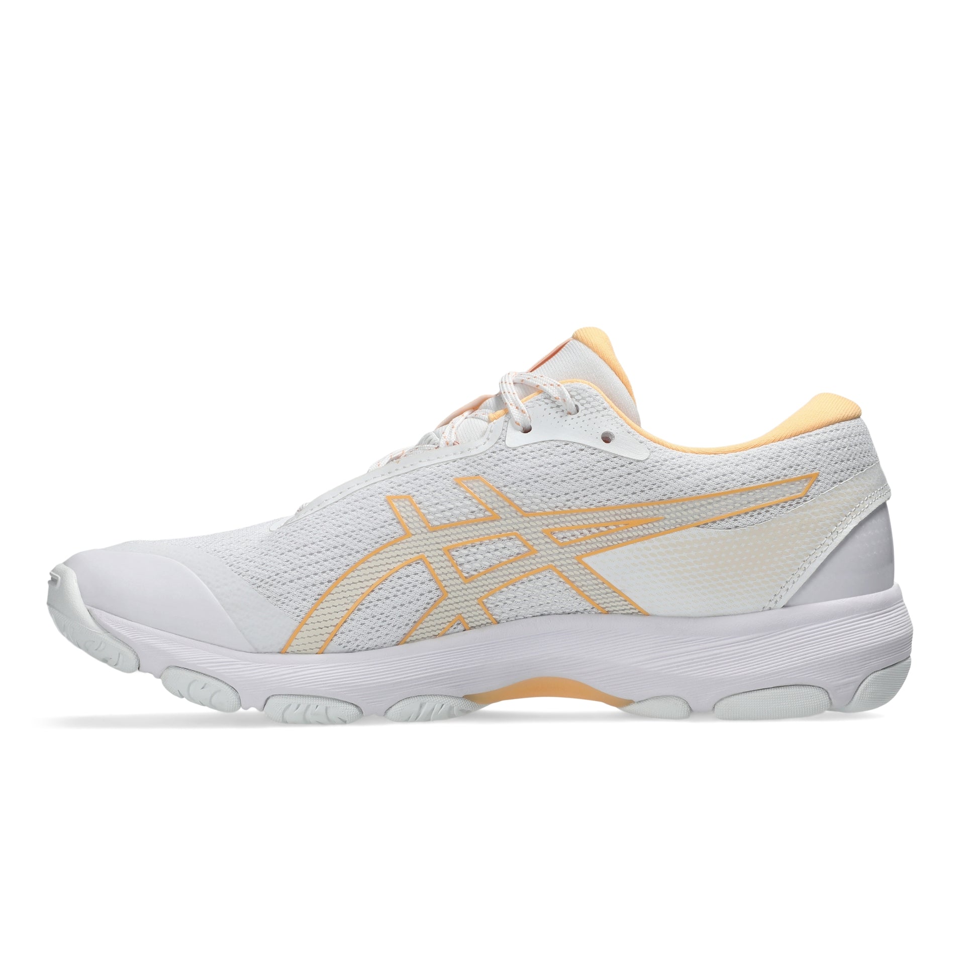A white ASICS netball shoe with metallic gold stripes and a light peach-orange collar, shown in a side profile on a white background.