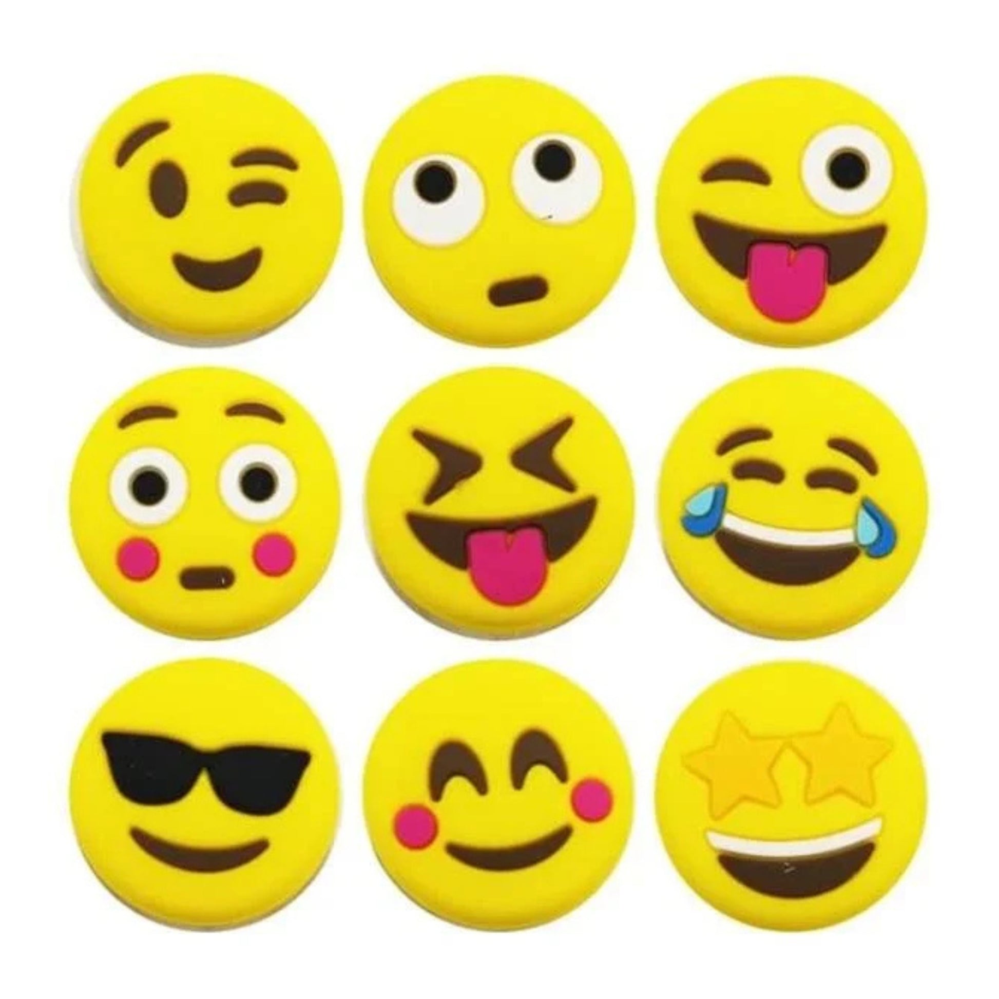 Set of nine yellow emoji Wilson dampeners with various expressions on a white background