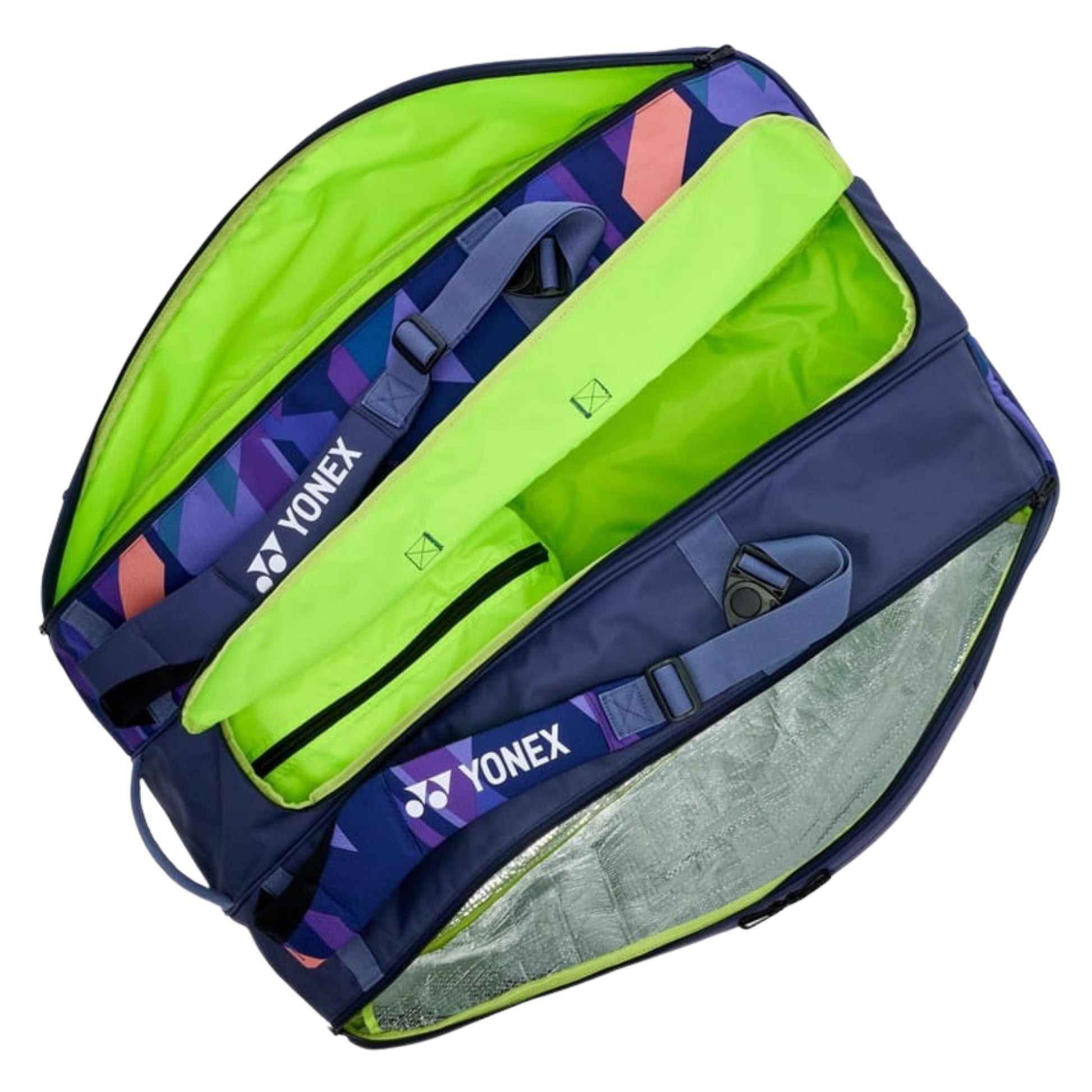 Yonex tennis racket bag with green interior on a white background