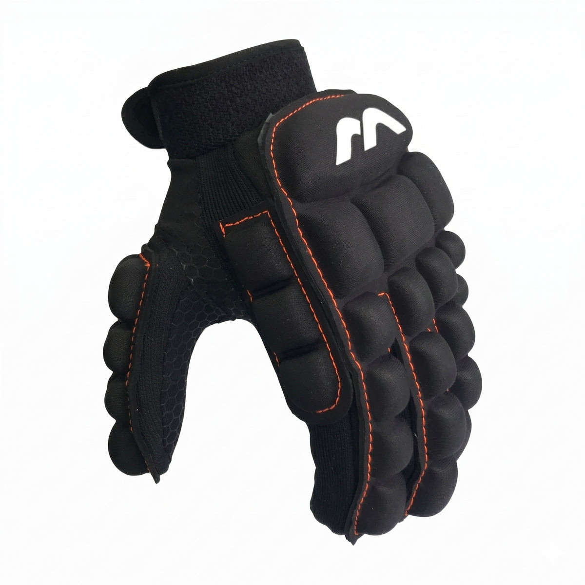 Black Mercian glove with orange stitching on a white background