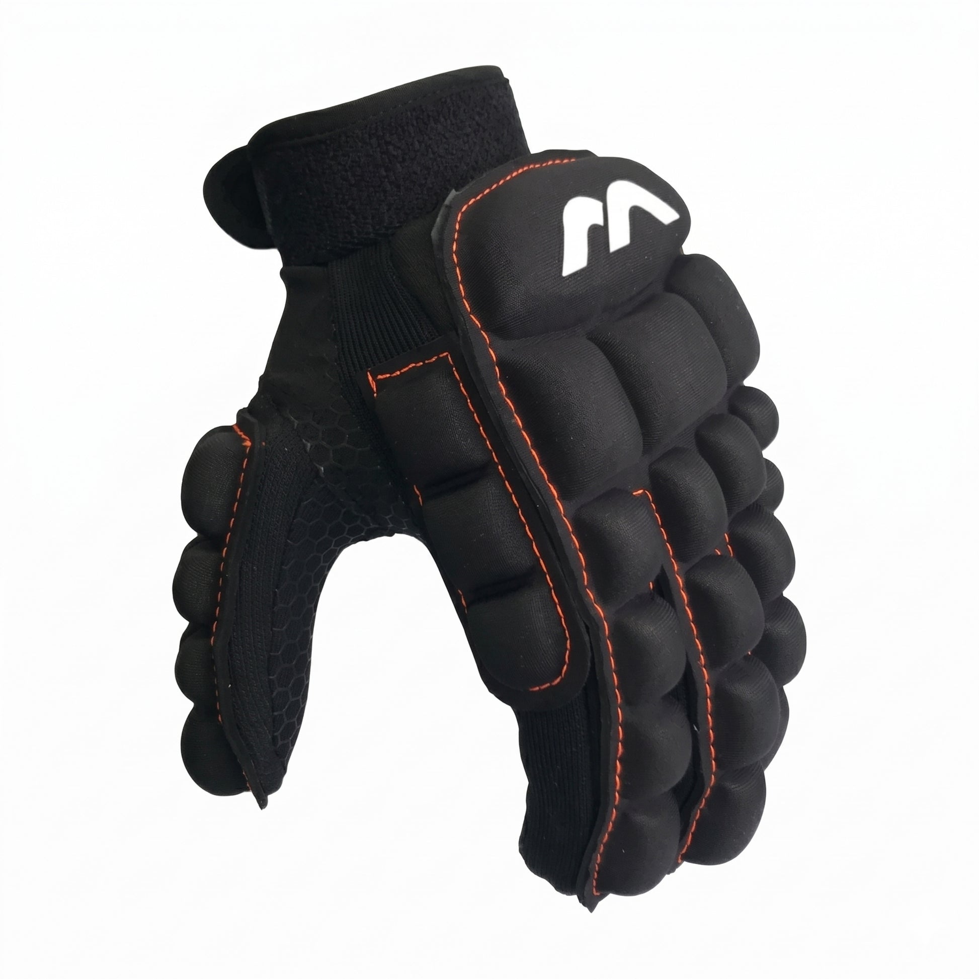 Black Mercian glove with orange stitching on a white background
