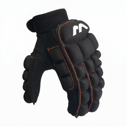 Black Mercian glove with orange stitching on a white background
