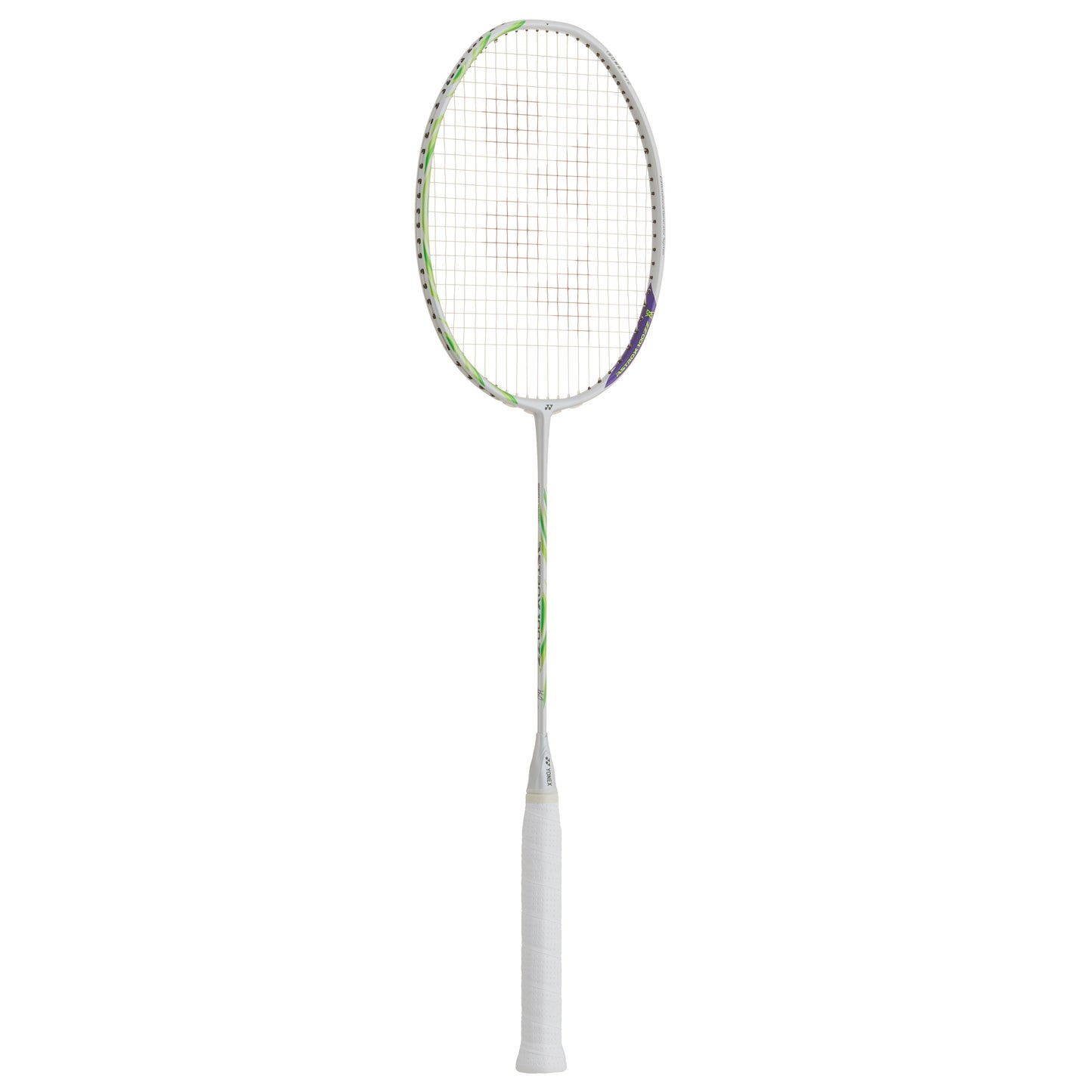 Badminton racket with a white handle and green and white frame on a white background