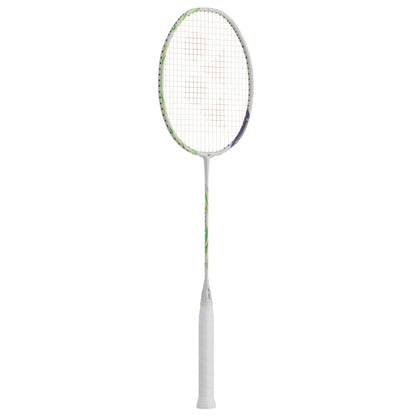 Badminton racket with a white handle and green and white frame on a white background