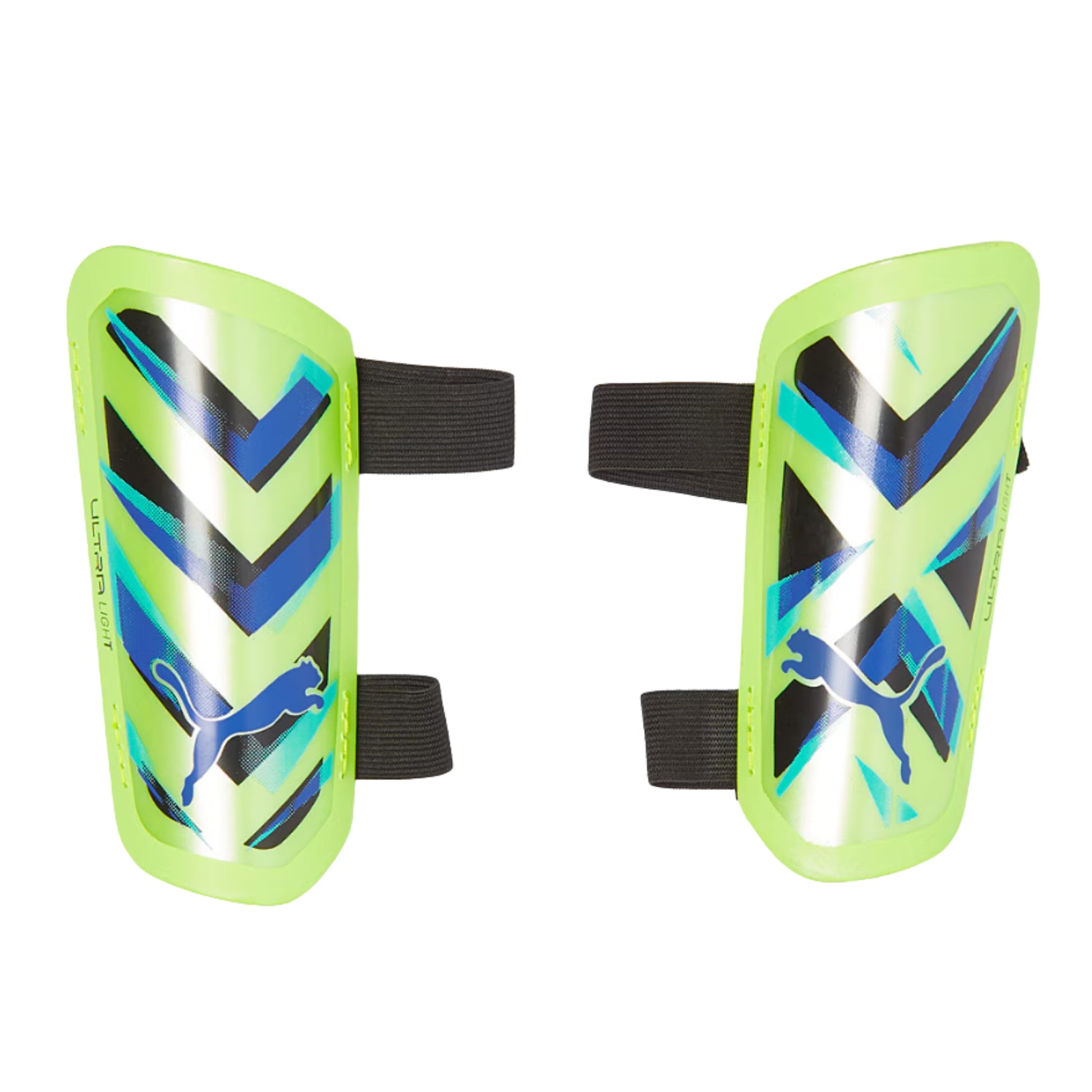 Pair of green shin guards with black and blue patterns on a white background