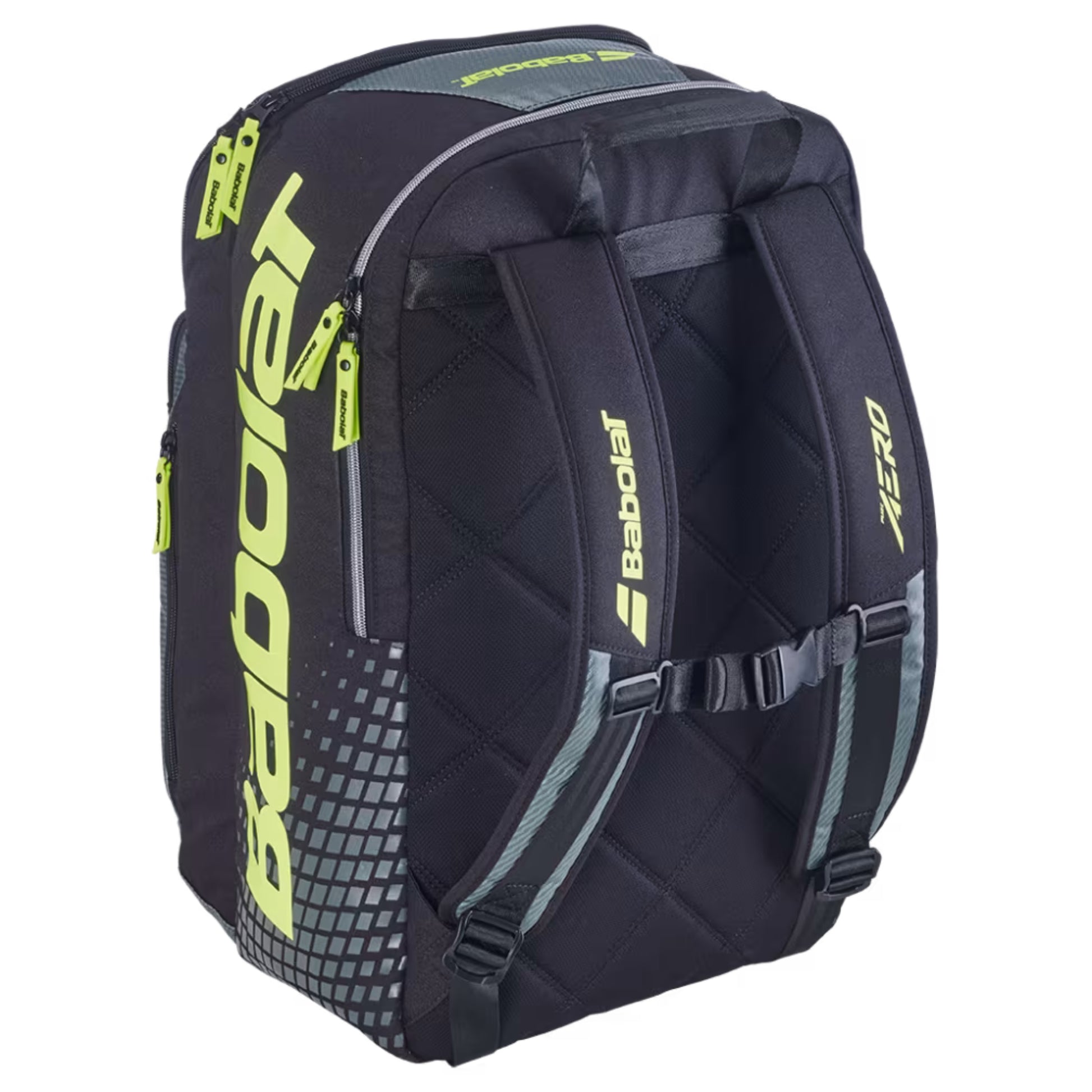 Black and gray Backpack with Babolat branding on a white background