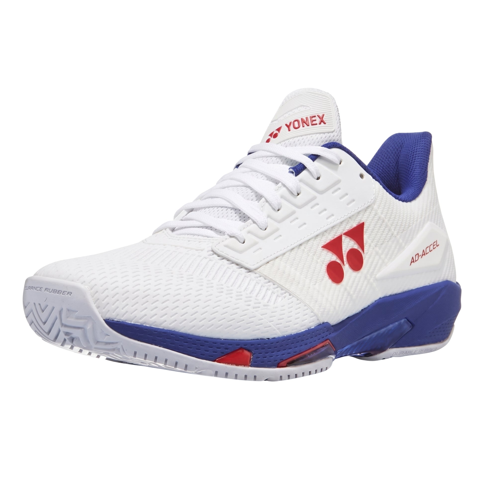 White and blue tennis shoe with Yonex logo on a white background