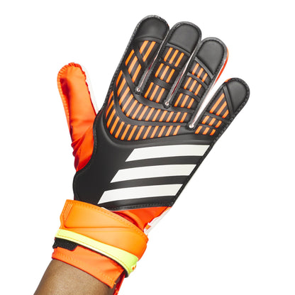 Orange and black soccer glove with Adidas logo on a white background