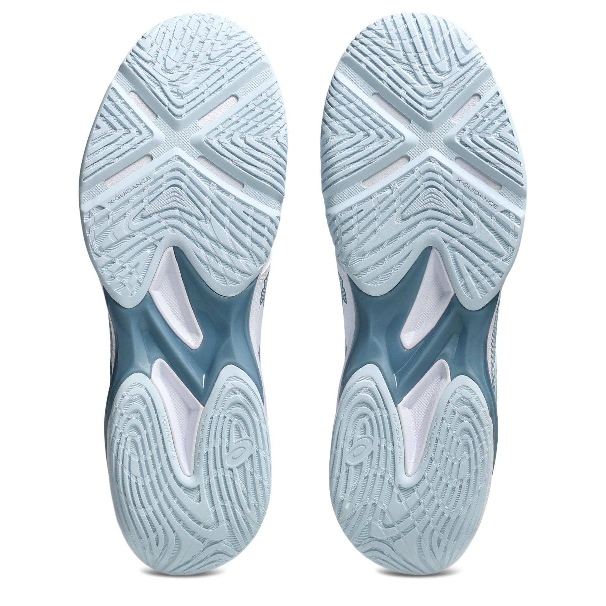 Close-up of blue squash shoes with tread pattern on a white background