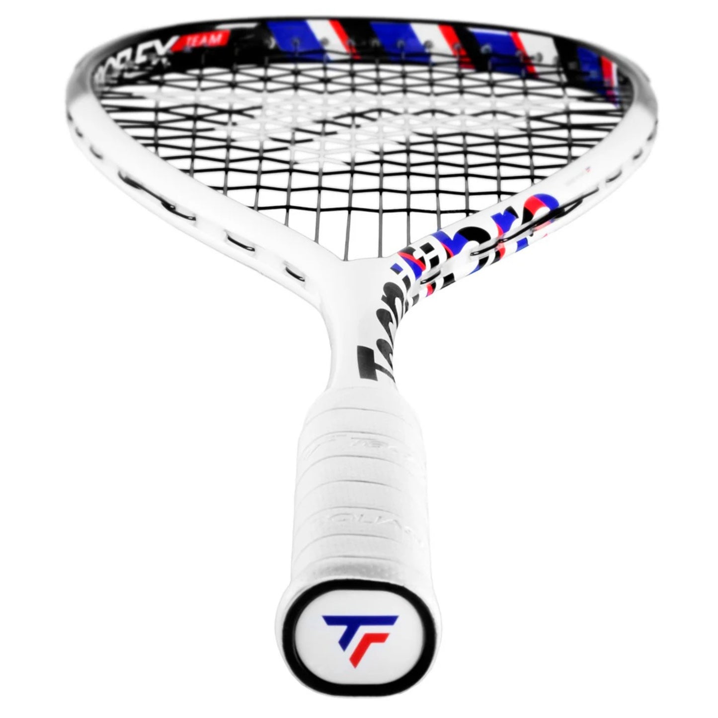 White Tecnifibre squash racket with black strings on a white background