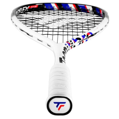 White Tecnifibre squash racket with black strings on a white background