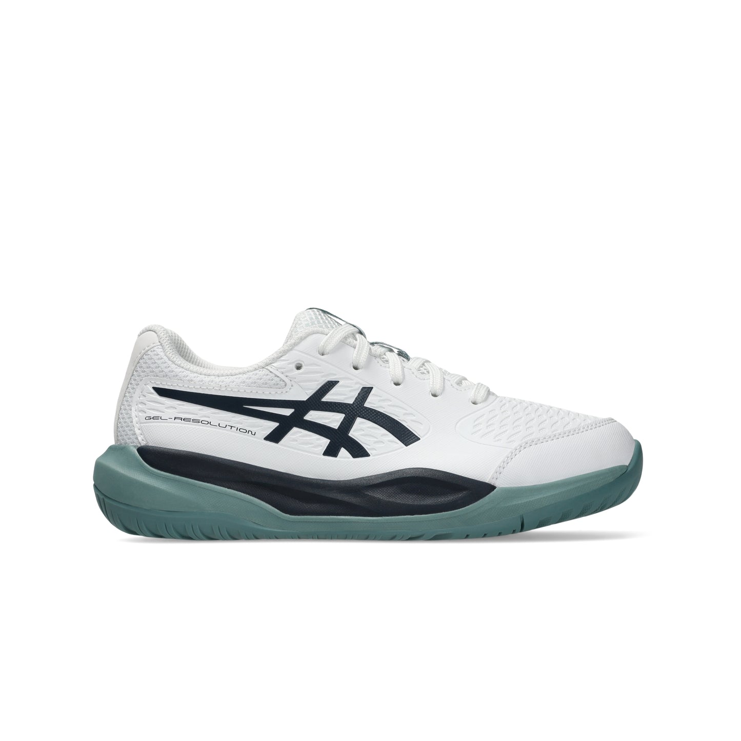 White, navy and green Asics tennis shoe on a white background